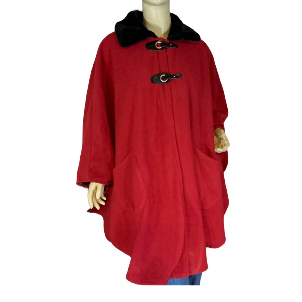 LE MODA RED FLEECE W/BLACK FAUX FUR COLLAR PONCHO (OSFM) - Picture 2 of 13